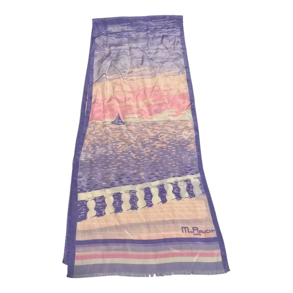MADELEINE DE RAUCH Paris Silk Scarf Pink Purple Coastal Sailboat Scarf Or Belt